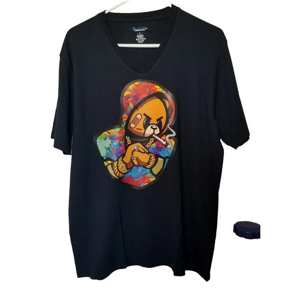 Mens Tshirt Navy Blue Bear Gangster Rapper Smoking Graphic Large Vneck NWT - Picture 1 of 2